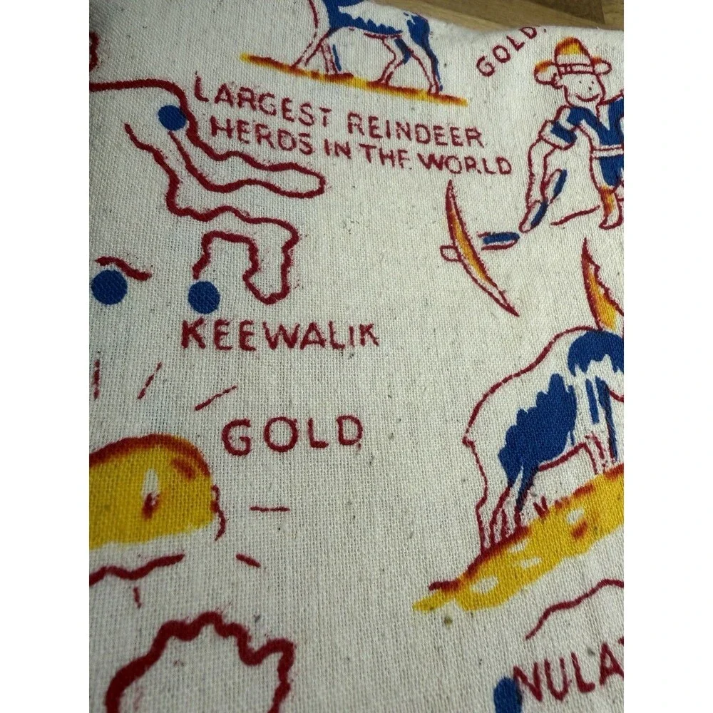 VTG Majestic Alaska Map Souvenir Linen Tablecloth Handkerchief LARGE 44x49 60s